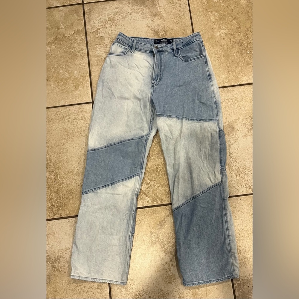 Hollister Blue and Gray Relaxed Jeans with Color-Block Design
